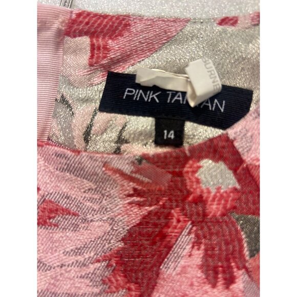Pink Tartan Floral Jacquard Sleeveless Dress Metallic Red & Pink Print Size 14 - Picture 6 of 6